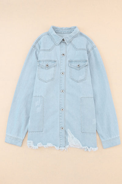 Sky Blue Flap Pocket Buttoned Raw Hem Denim Jacket-Outerwear-MomFashion