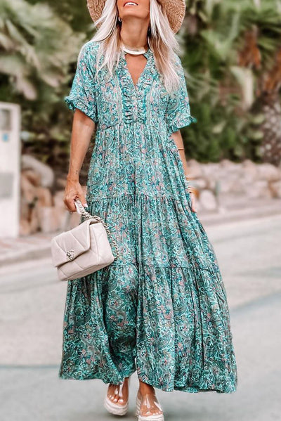 Sky Blue Paisley Print Boho Holiday Ruffle Tiered Maxi Dress-Dresses-MomFashion