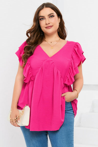 Plus Size Ruffle V Neck Tie Back Tunic Top-Plus Size-MomFashion