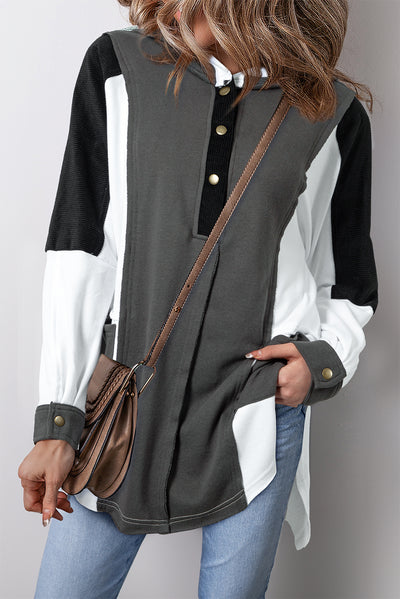 Black Color Block Exposed Seam Buttoned Neckline Hoodie-Tops-MomFashion