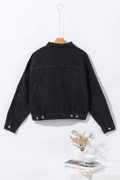 Black Metal Buttons Flap Pocket Drop Shoulder Denim Jacket-Outerwear-MomFashion