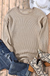 Khaki Solid Ribbed Knit Round Neck Pullover Sweatshirt-Tops-MomFashion