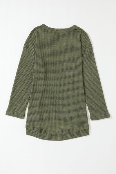 Green Waffle Knit High Slits Oversized Top-Tops-MomFashion