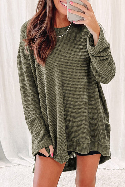 Green Waffle Knit High Slits Oversized Top-Tops-MomFashion