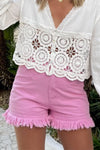 Pink Frayed Edge Mid Rise Denim Shorts-Bottoms-MomFashion