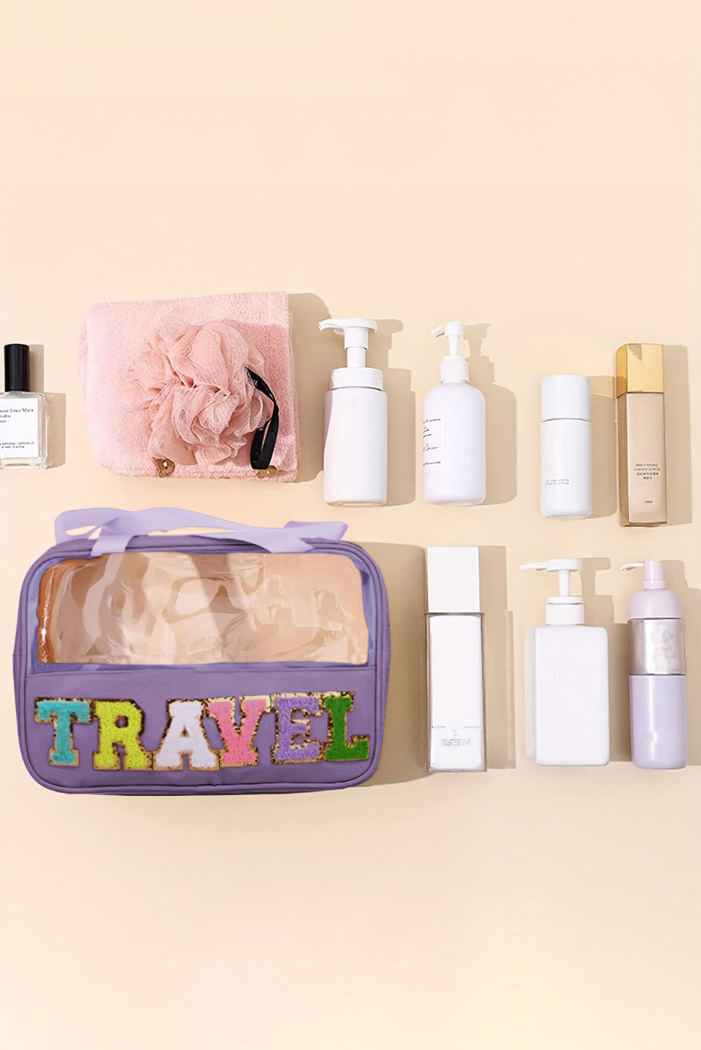 Purple TRAVEL Chenille Letter Clear PVC Makeup Bag-Accessories-MomFashion