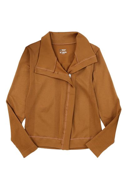 Brown Collared Asymmetric Ribbed Detail Motor Jacket-Outerwear-MomFashion