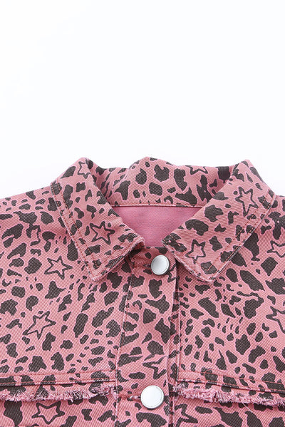 Pink Stars & Animal Spots Print Button Up Denim Shacket-Outerwear-MomFashion