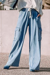 Sky Blue Drawstring High Waist Cargo Pocket Wide Leg Jeans-Bottoms-MomFashion