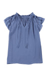 Blue Tiered Ruffled Drawstring V Neck Top-Tops-MomFashion