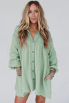 Green Patchwork Crinkle Puff Sleeve Shirt Dress-Dresses-MomFashion