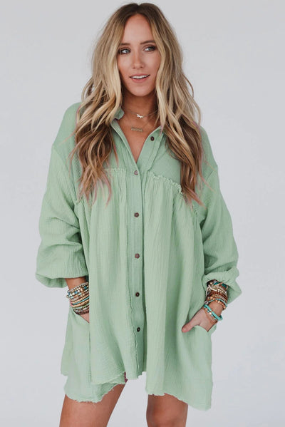 Green Patchwork Crinkle Puff Sleeve Shirt Dress-Dresses-MomFashion