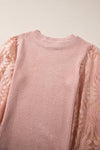 Peach Blossom Sunflower Mesh Bubble Sleeve Waffle Knit Top-Tops-MomFashion