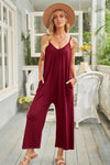 Red Spaghetti Straps Wide Leg Pocketed Jumpsuits-Bottoms-MomFashion