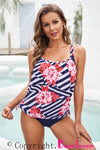 Blue Floral Printed Lined Tankini Swimsuit-Swimwear-MomFashion