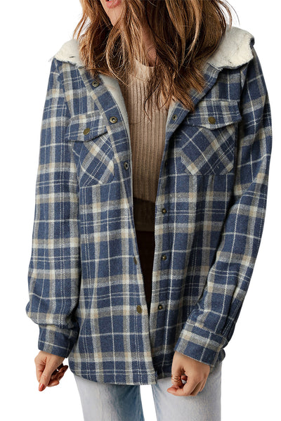 Blue Plaid Pattern Sherpa Lined Hooded Shacket-Outerwear-MomFashion