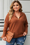 Brown Solid Ribbed Trim Plus Size Zip Collar Sweater-Plus Size-MomFashion