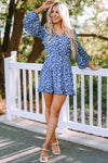 Blue Sky Blue/Blue/Apricot V Neck Lantern Sleeves Floral Tunic Dress-Dresses-MomFashion