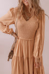 Pale Chestnut Smocked V Neck Long Sleeve Ruffle Dress-Dresses-MomFashion