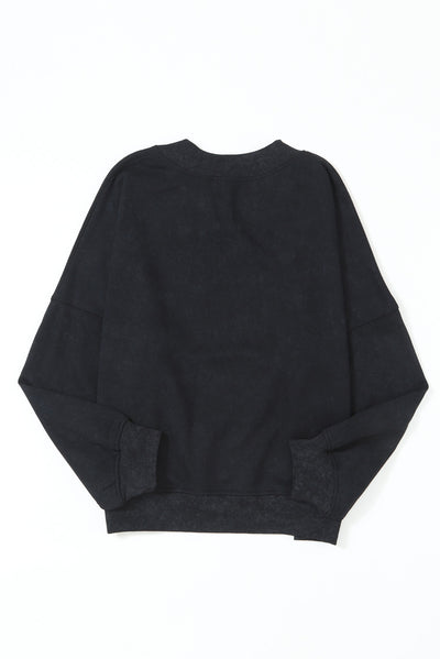 Black Drop Shoulder Crew Neck Pullover Sweatshirt-Tops-MomFashion