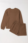 Chestnut Corded Knit Long Sleeve Top and High Waist Shorts Set-Two Piece Sets/Short Sets-MomFashion