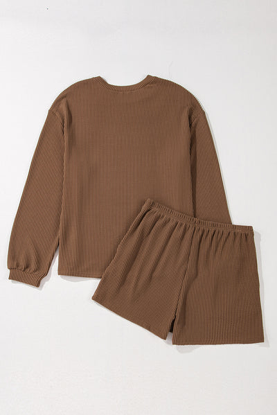 Chestnut Corded Knit Long Sleeve Top and High Waist Shorts Set-Two Piece Sets/Short Sets-MomFashion