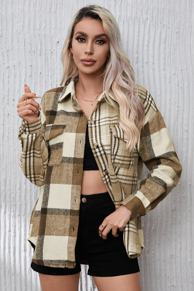 Parchment Contrast Plaid Patchwork Flap Pocket Shacket-Outerwear-MomFashion