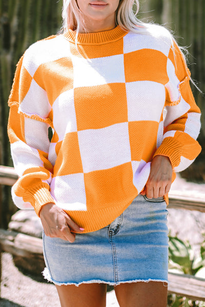 Orange Checkered Bishop Sleeve Sweater-Tops-MomFashion