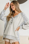 Gray Leopard Patchwork Exposed Seam Buttoned Neck Sweatshirt-Tops-MomFashion