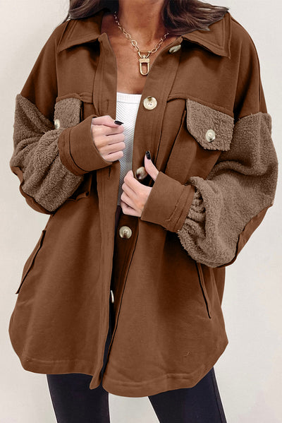 Chestnut Exposed Seam Elbow Patch Oversized Shacket-Outerwear-MomFashion