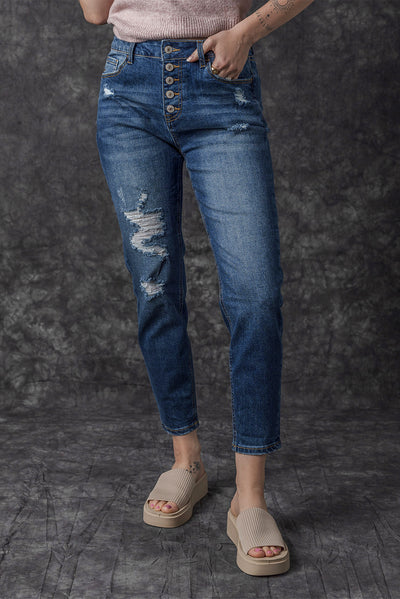 Blue Distressed Button Fly High Waist Skinny Jeans-Bottoms-MomFashion