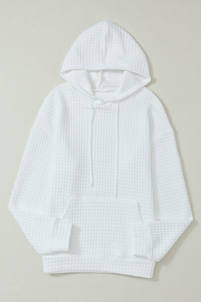 White Quilted Kangaroo Pocket Drawstring Hoodie-Tops-MomFashion