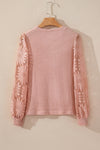 Peach Blossom Sunflower Mesh Bubble Sleeve Waffle Knit Top-Tops-MomFashion