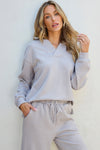 Light Grey Solid Textured Collared V Neck Top and Wide Leg Pants Set-Two Piece Sets/Pant Sets-MomFashion