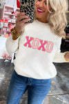 White XOXO Glitter Print Round Neck Casual Sweater-Tops-MomFashion