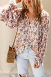 Boho Floral Print Split V Neck Bubble Sleeve Blouse-Tops-MomFashion