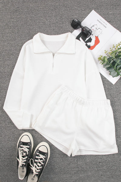 White Ribbed Zipper Sweatshirt and High Waist Shorts Set-Loungewear-MomFashion