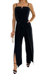 Black Spaghetti Straps Slit Leg Jumpsuit with Pockets-Bottoms-MomFashion