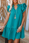 Green Tiered Ruffled Sleeves Mini Dress with Pockets-Dresses-MomFashion