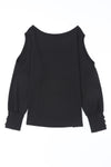 Black Asymmetrical Cut Out Buttoned Long Sleeve Top-Tops-MomFashion