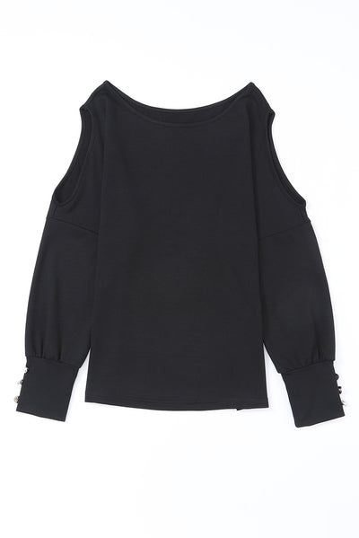 Black Asymmetrical Cut Out Buttoned Long Sleeve Top-Tops-MomFashion