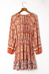 Orange Western Pattern Print Lantern Sleeve Drawstring Mini Dress-Dresses-MomFashion