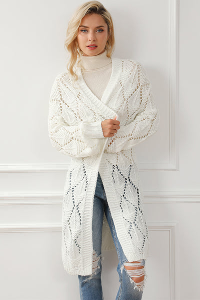 White Rhombus Hollowed Knit Open Front Cardigan-Tops-MomFashion