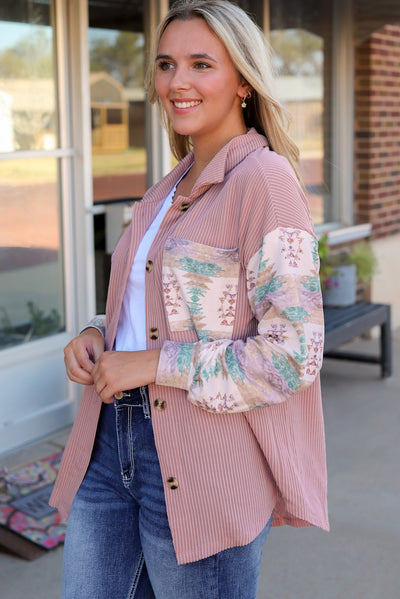 Pink Toltec Corduroy Contrast Shacket-Outerwear-MomFashion