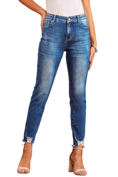 Blue Raw Hem Ankle-length Skinny Jeans-Bottoms-MomFashion