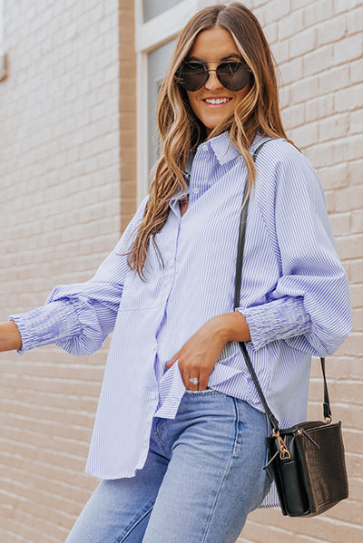 Sky Blue Smocked Cuffed Striped Boyfriend Shirt with Pocket-Tops-MomFashion