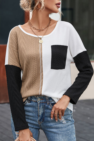 Black Long Sleeve Colorblock Chest Pocket Textured Knit Top-Tops-MomFashion