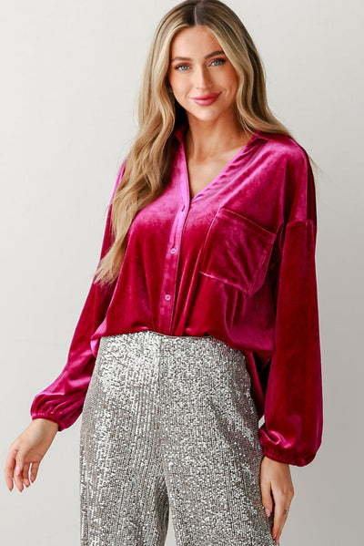 Pitaya Pink Buttoned V Neck Chest Pocket Velvet Shirt-Tops/Blouses & Shirts-MomFashion