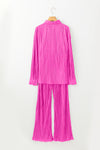 Rose Pleated Long Sleeve Shirt and Wide-Leg Pants Set-Loungewear-MomFashion