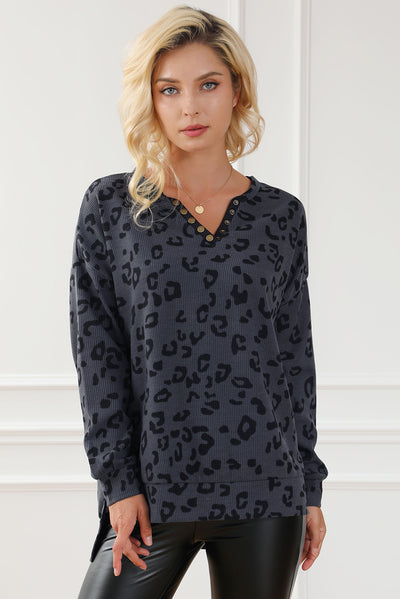 Gray Leopard Print Button Split Neck Waffle Sweatshirt-Tops-MomFashion